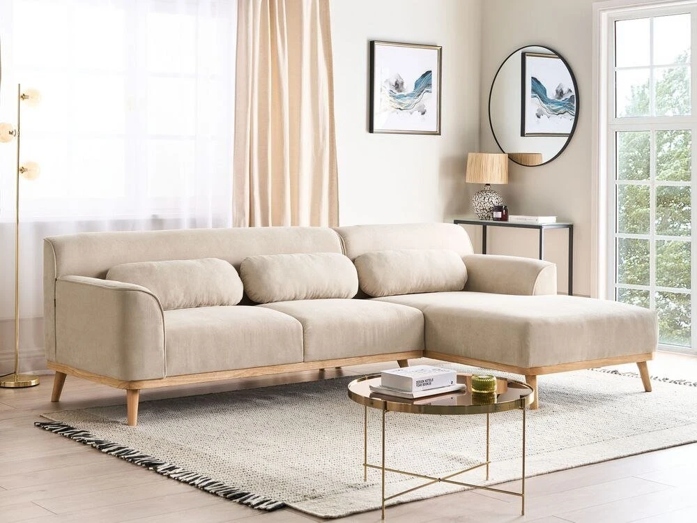 Beliani Trijų vietų kampinė sofa SIMOS, velvetinė, šviesiai smėlio spalvos, kairinė