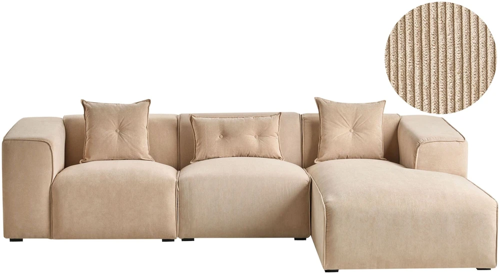 Beliani 3-vietė kampinė sofa DOLVA, velvetas, smėlio spalvos, kairinė