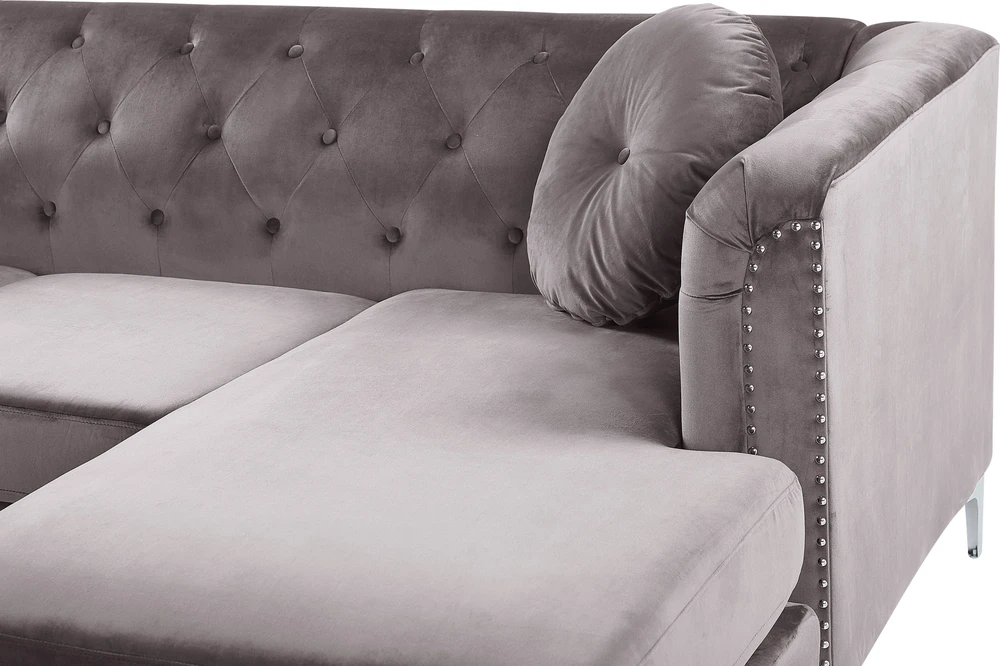 Beliani Trivietė kampinė sofa FLEN, veliūrinė, pilka, L-formos