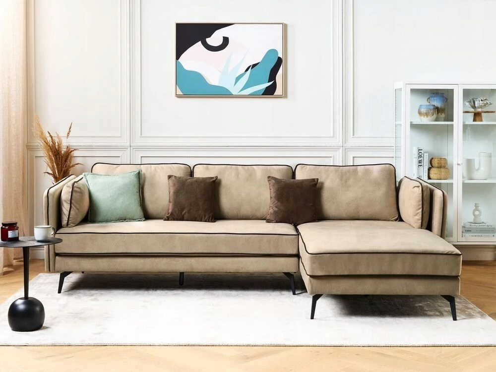Beliani 3 vietų kampinė sofa ALTAN, veliūras, smėlio spalvos, kairinė
