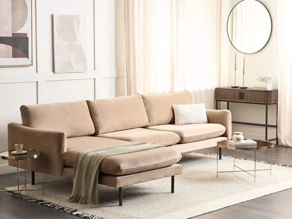 Beliani 4 vietų kampinė sofa VINTERBRO, veliūras, smėlinė, dešininė