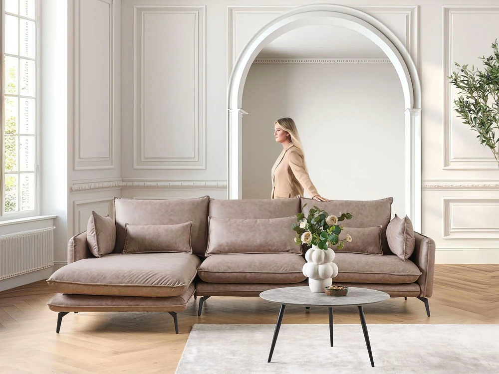 Beliani 3 vietų kampinė sofa GALLO, ekologiška zomša, šviesiai ruda, dešininė