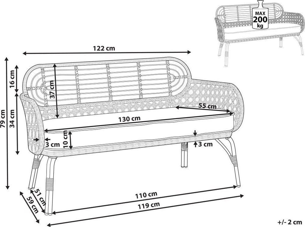 Sofa Beliani Sodo suoliukas su pagalve PRATELLO 122 cm, technorotangas, natūrali spalva