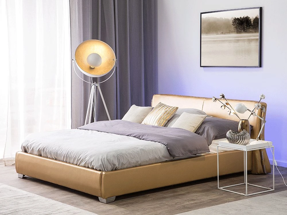 Beliani LED lova iš natūralios odos PARIS 140 x 200 cm LED auksinė