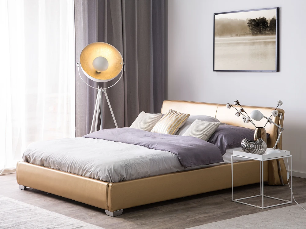 Beliani LED lova iš natūralios odos PARIS 140 x 200 cm LED auksinė
