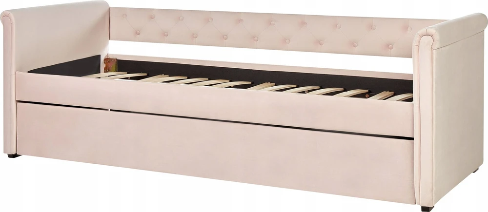 Beliani Ištraukiama lova aksominė LIBOURNE 90 x 200 cm pastelinės rausvos spalvos