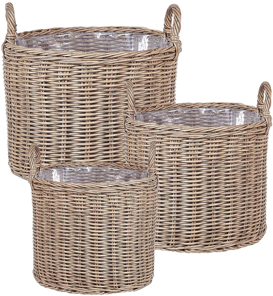 Beliani 3 krepšelių gėlėms rinkinys PENDULA 33/37/45 cm natūralus technorotangas