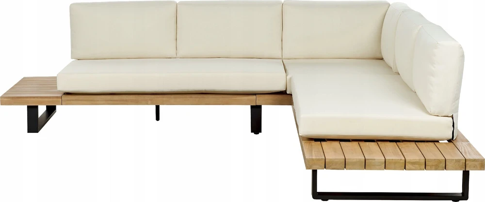 Lauko baldų komplektas Beliani Sodo kampinė sofa su staliuku 5 asmenims MYKONOS dešininė, kreminės spalvos, sertifikuota akacijos mediena