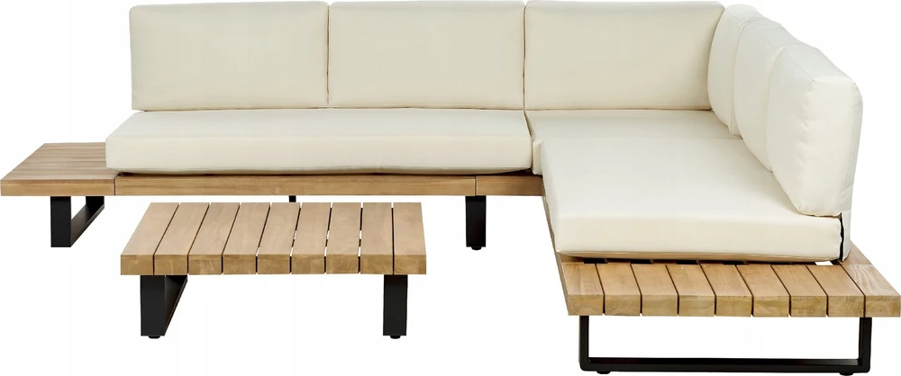 Lauko baldų komplektas Beliani Sodo kampinė sofa su staliuku 5 asmenims MYKONOS dešininė, kreminės spalvos, sertifikuota akacijos mediena