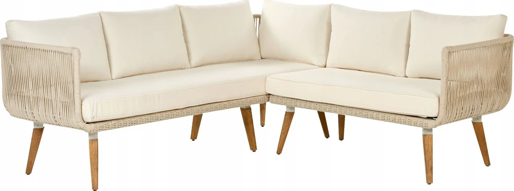 Lauko baldų komplektas Beliani Sodo kampinė sofa su stalu 5 asmenims ALCAMO kairinė, šviesiai smėlio spalvos, akacijos mediena
