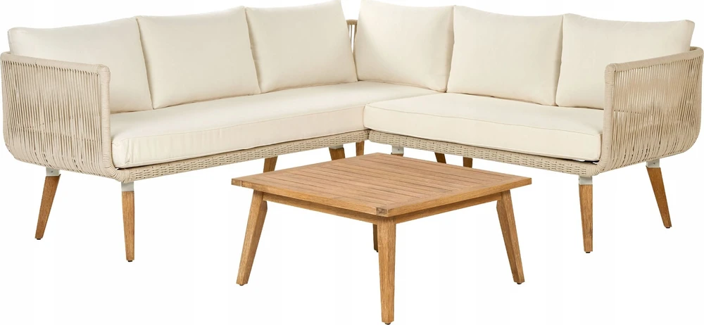 Lauko baldų komplektas Beliani Sodo kampinė sofa su stalu 5 asmenims ALCAMO kairinė, šviesiai smėlio spalvos, akacijos mediena