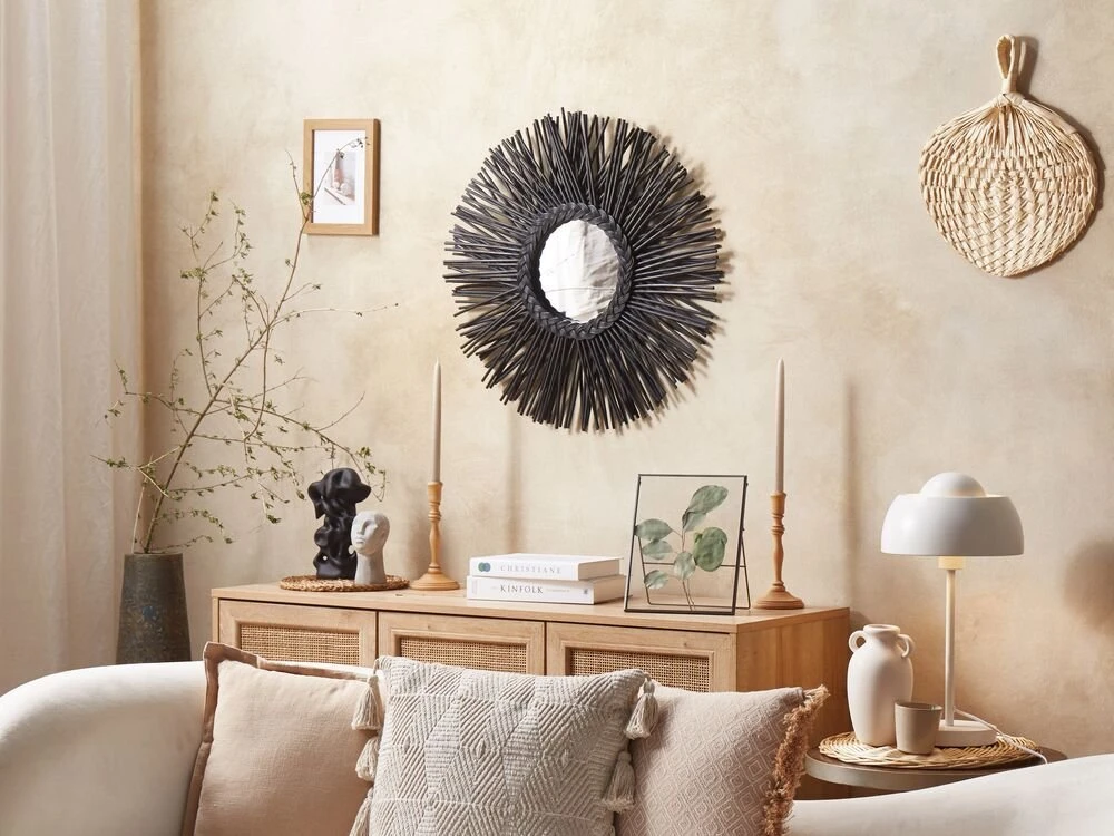 Beliani Round Rattan Wall Mirror Sun 60 cm Juoda KLASĖ