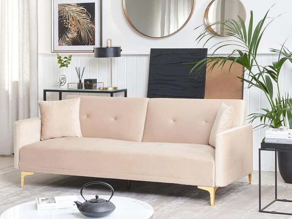 Beliani Trivietė sofa-lova LUCAN, veliūras, smėlio spalvos