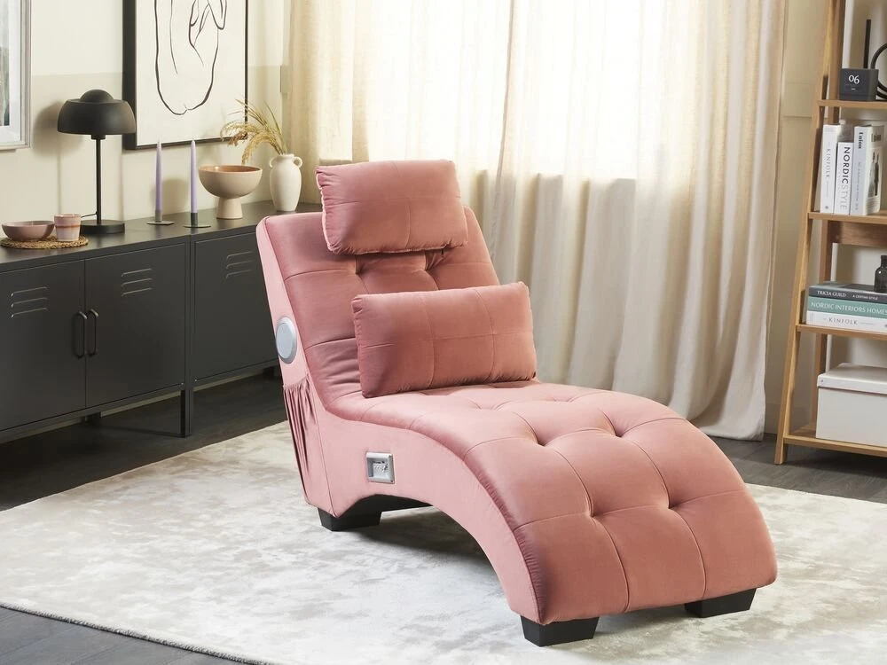 Sofa Beliani Šezlongas SIMORRE veliūrinis pastelinės rožinės spalvos su įmontuotu „Bluetooth“ garsiakalbiu