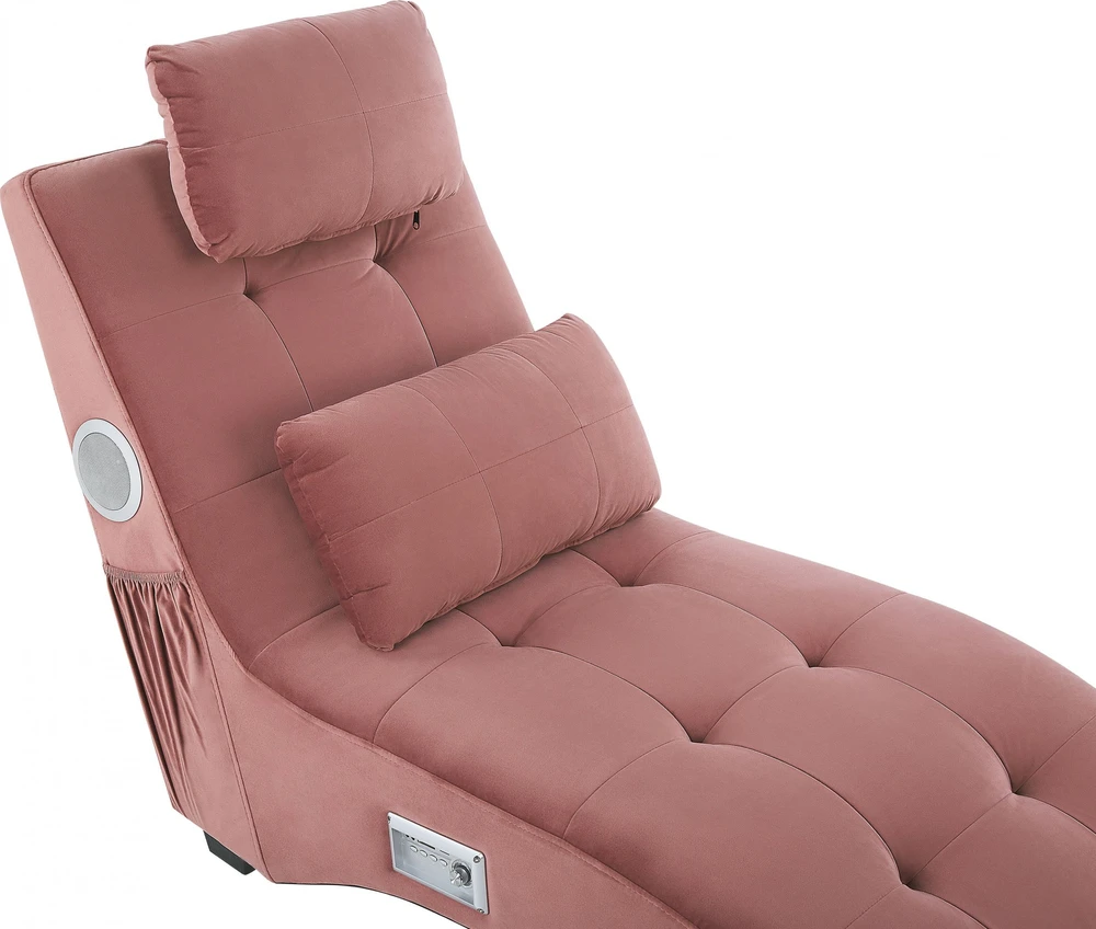 Sofa Beliani Šezlongas SIMORRE veliūrinis pastelinės rožinės spalvos su įmontuotu „Bluetooth“ garsiakalbiu
