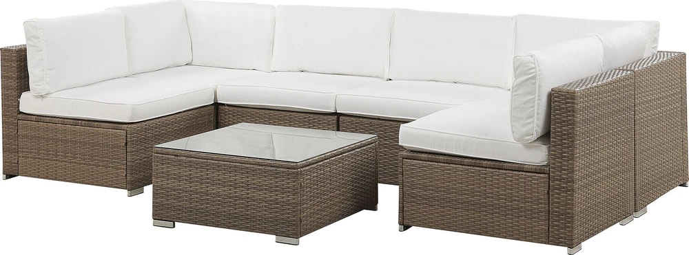 Lauko baldų komplektas Beliani Sodo kampinė sofa su staliuku 6 asmenims BELVEDERE Baltas technoratanas
