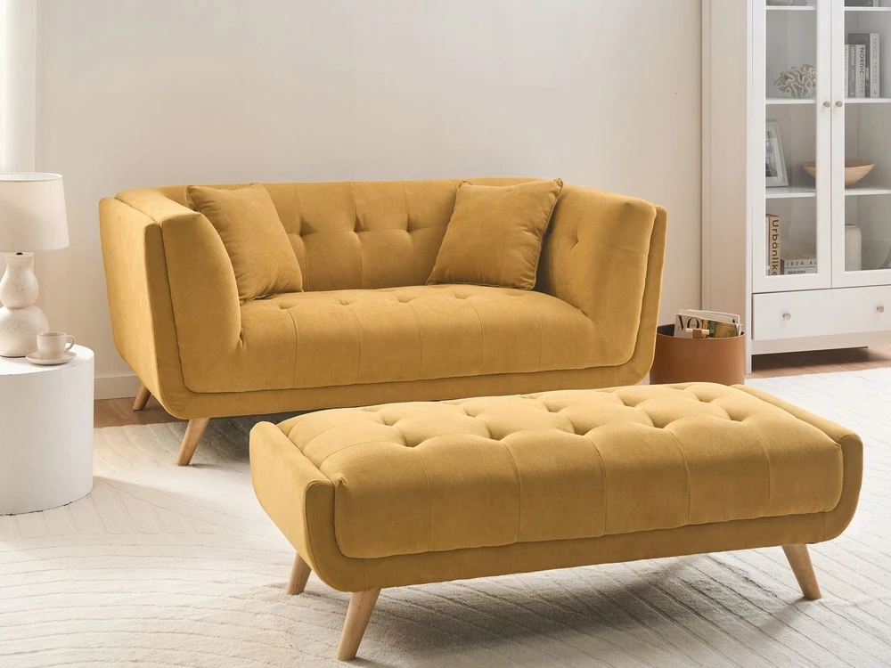 Beliani Dviejų vietų sofa HABO, garstyčių spalvos, su otomane