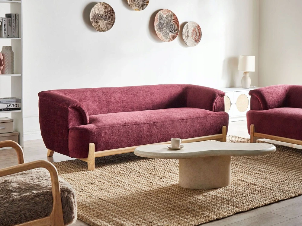 Beliani Trivietė sofa ALNOR šenilinė burgundo spalvos