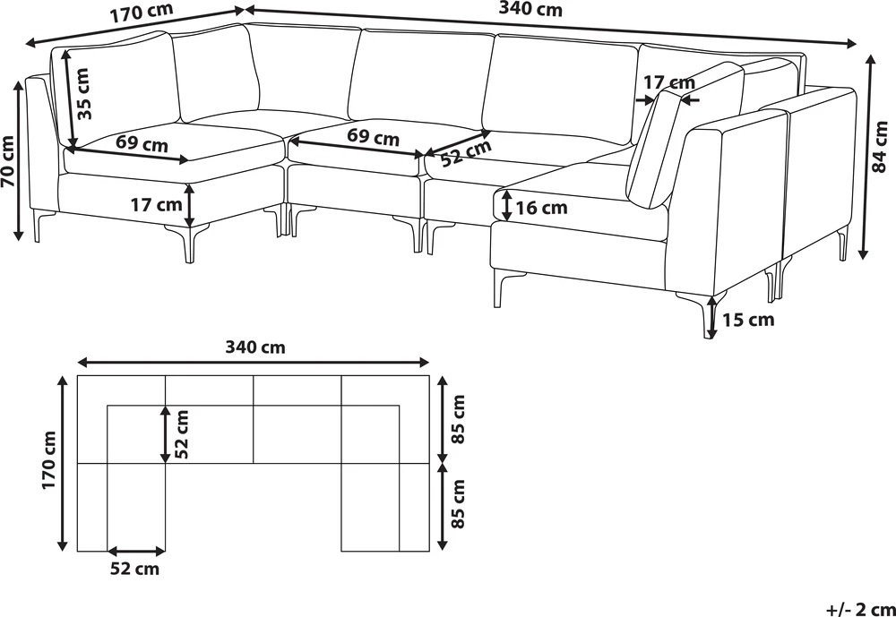 Beliani Modulinė U formos sofa 6 asmenims EVJA žalias veliūras