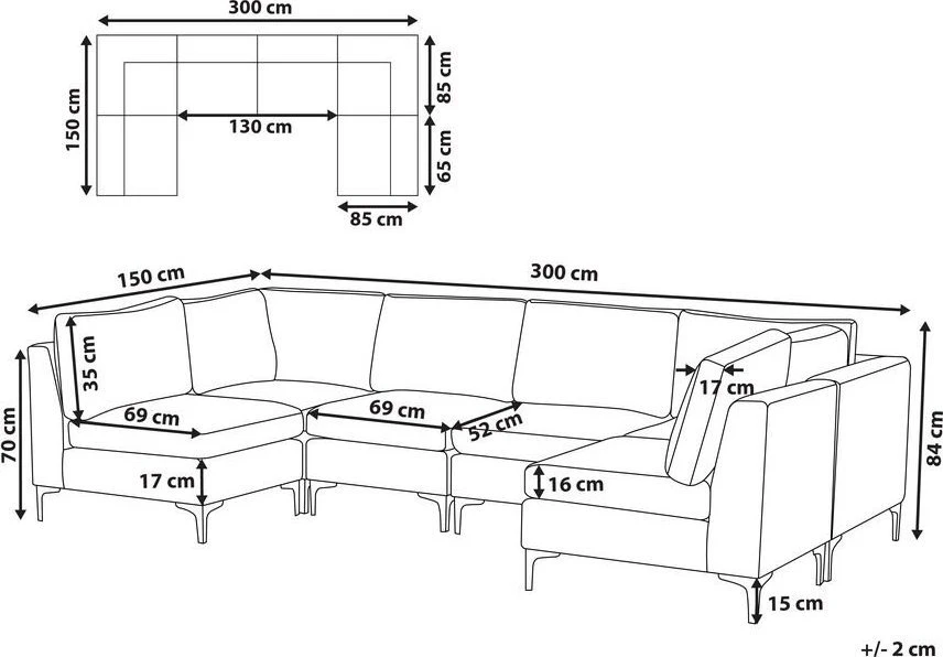 Beliani Modulinė U formos sofa 6 asmenims EVJA pilko veliūro