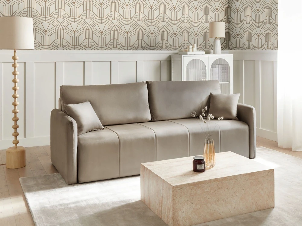 Beliani Trivietė išskleidžiama sofa EGGE, veliuras, smėlio pilkos spalvos