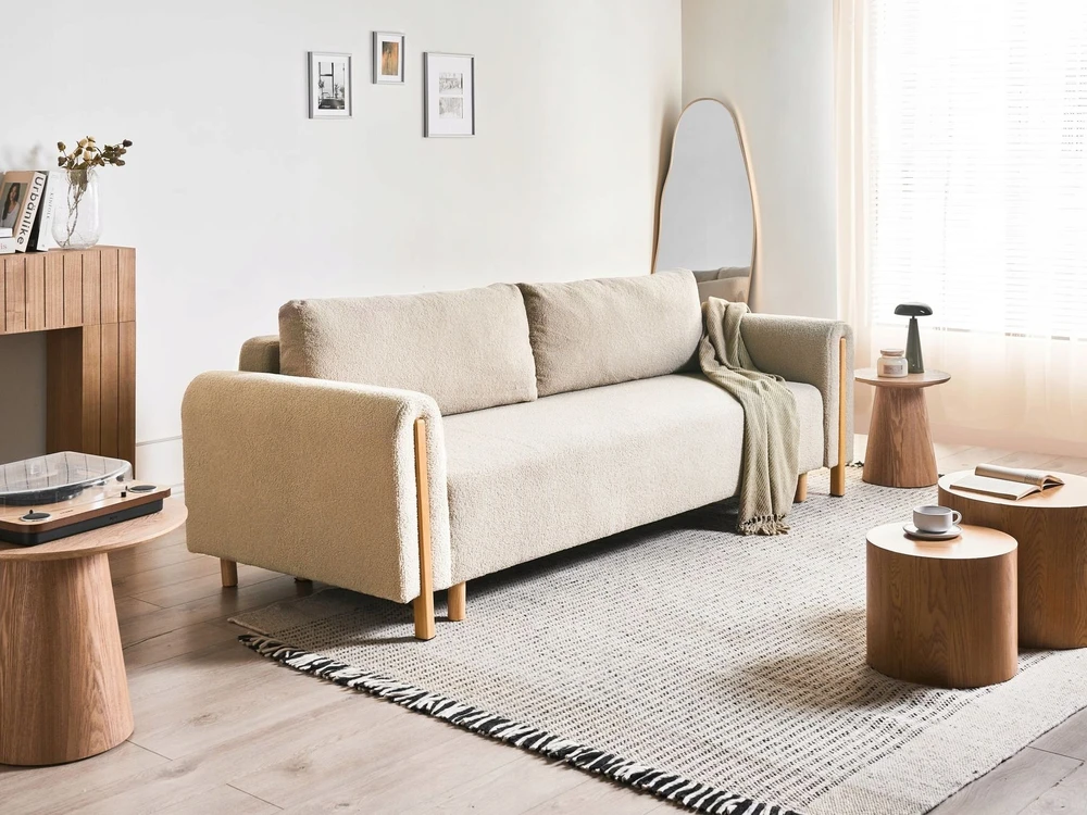 Beliani Trivietė išskleidžiama sofa KVAM, „Boucle“ audinys, šviesiai smėlinė spalva su patalynės dėže