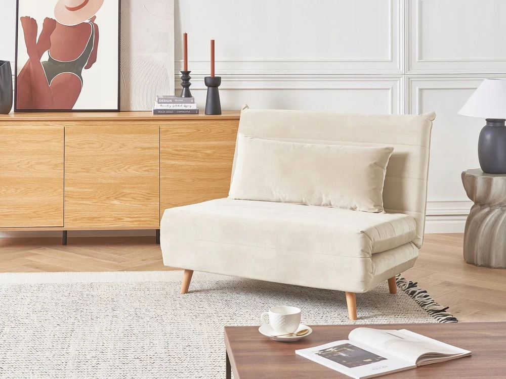 Beliani Vienvietė išskleidžiama sofa SETTEN, veliūras, šviesiai smėlio spalvos