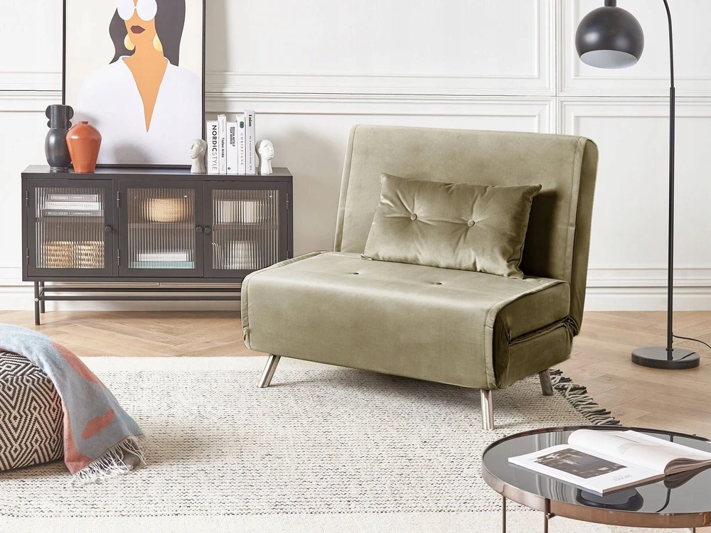 Viengulė išskleidžiama sofa BELIANI FARRIS alyvuogių spalvos veliūras