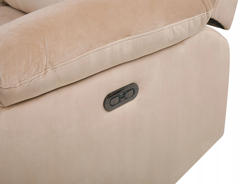 Beliani Trijų vietų sofa BERGEN su elektrine relaksacijos funkcija, veliūrinė, šviesiai smėlio spalvos, su USB prievadu