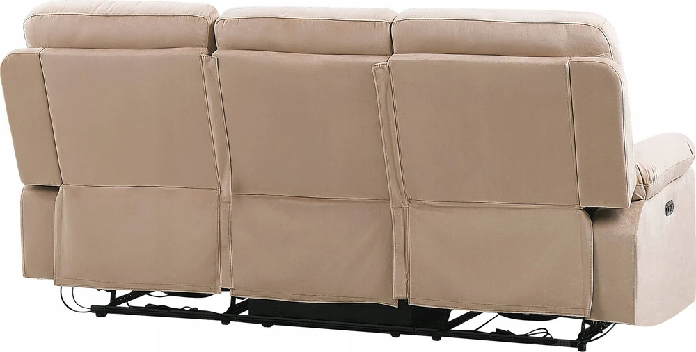 Beliani Trijų vietų sofa BERGEN su elektrine relaksacijos funkcija, veliūrinė, šviesiai smėlio spalvos, su USB prievadu