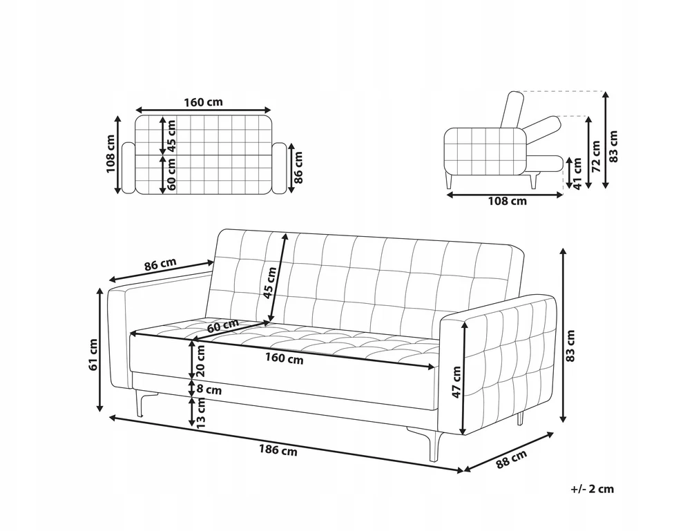 Beliani Trivietė išskleidžiama sofa ABERDEEN, veliūras, juoda