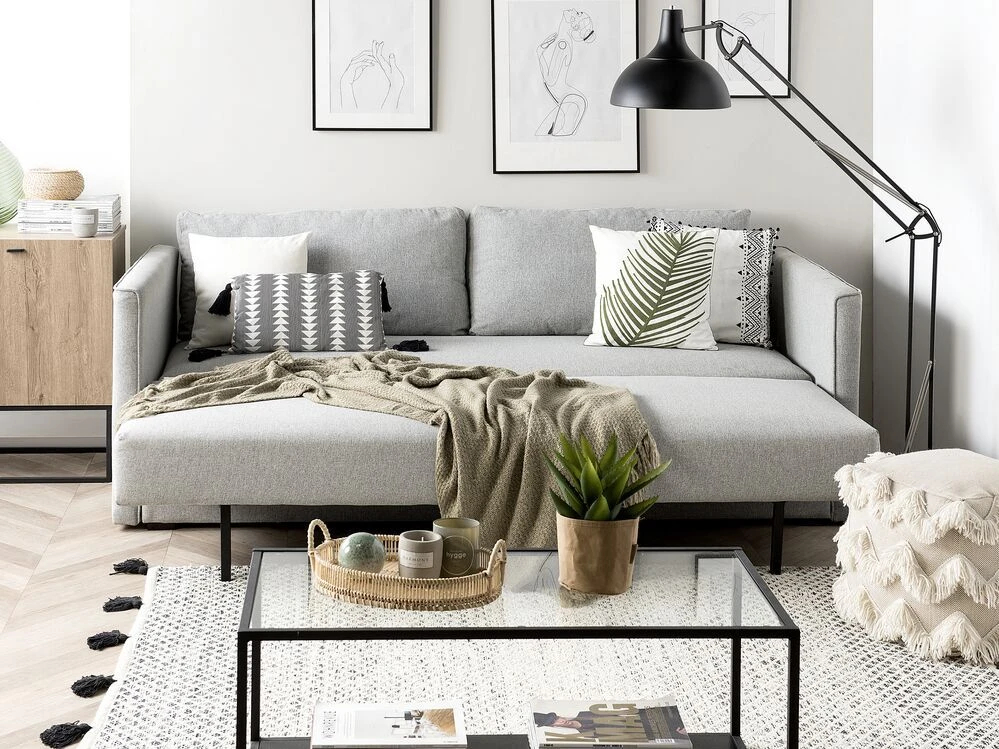 Beliani Išskleidžiama 3 vietų sofa EKSJO šviesiai pilka su patalynės dėže