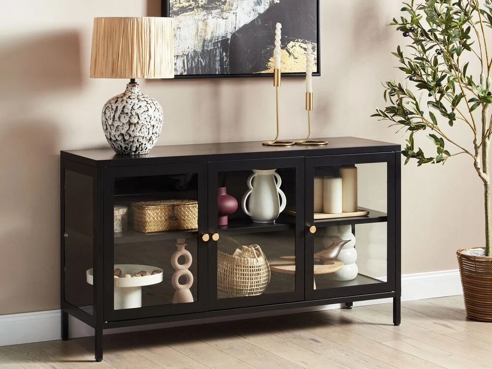 Beliani Spintelė su stiklinėmis durelėmis NEWPORT metalinė 115 cm, juoda