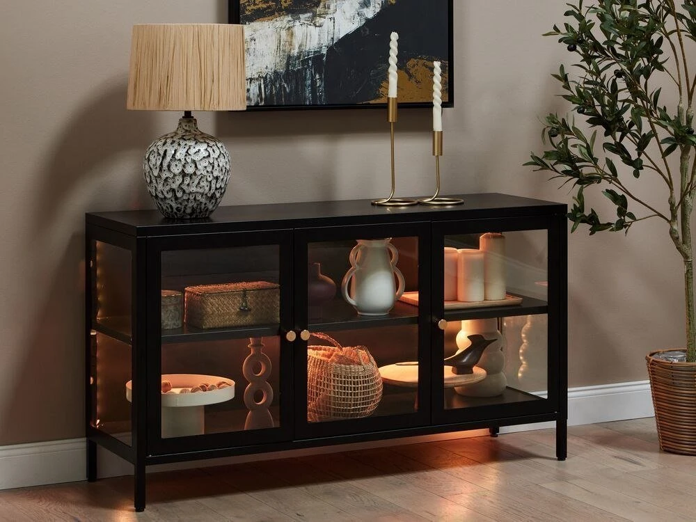 Beliani Spintelė su stiklinėmis durelėmis NEWPORT metalinė 115 cm, juoda