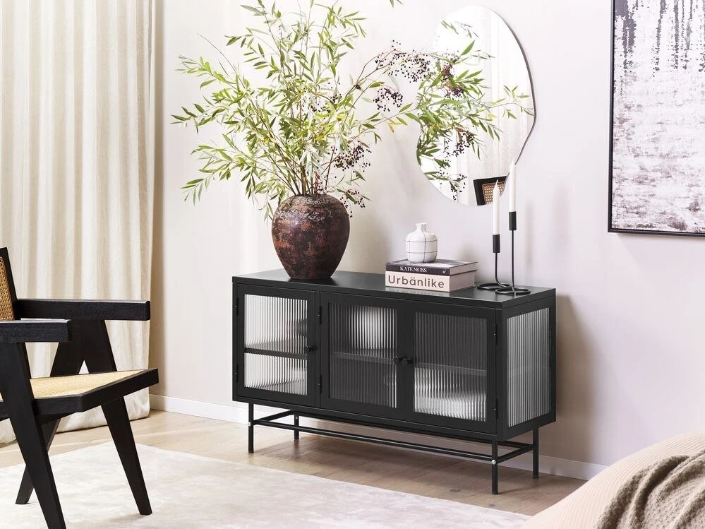 Beliani Spintelė su stiklinėmis durelėmis DEVON metalinė 115 cm, juoda