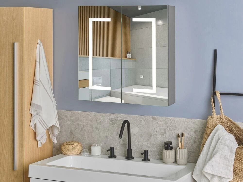 Beliani Pakabinama vonios kambario spintelė su LED veidrodžiu MAZARREDO 60 cm Juoda