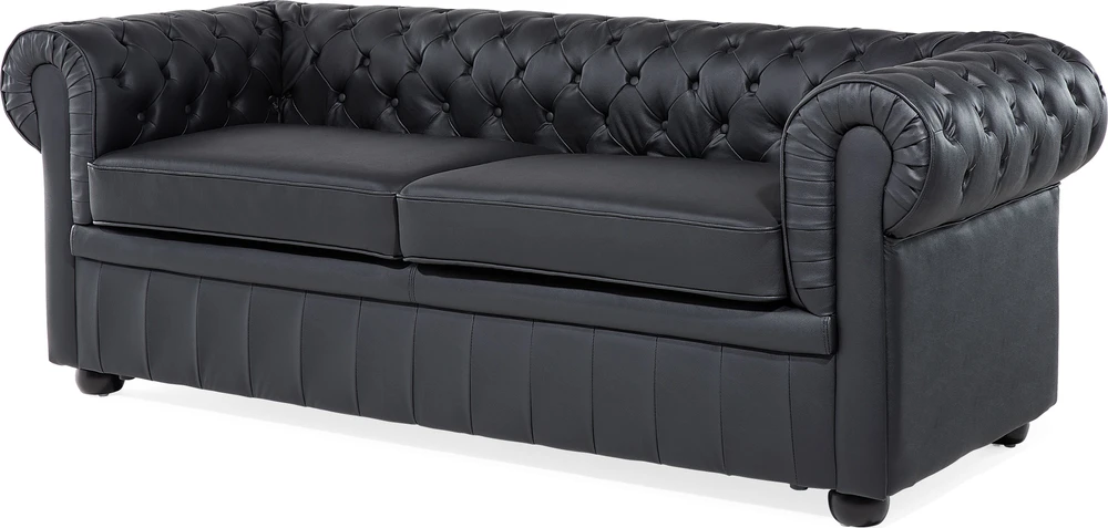 Beliani Trivietė sofa CHESTERFIELD Natūrali oda Juoda