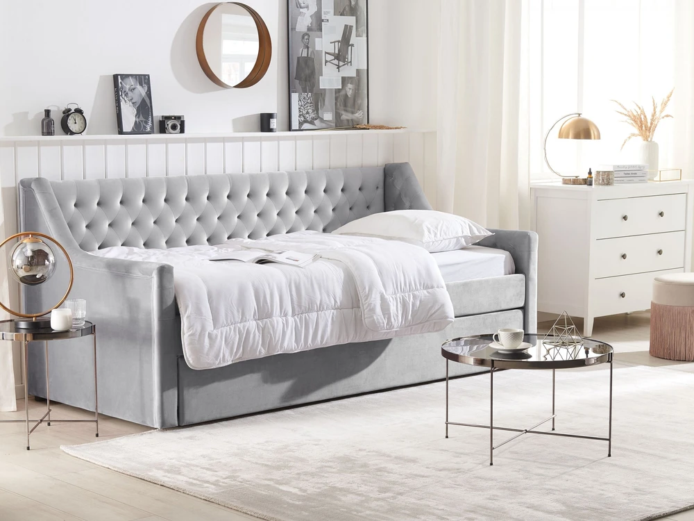 Beliani Ištraukiama lova veliūrinė MONTARGIS 90 x 200 cm šviesiai pilka