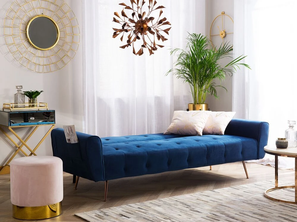 Beliani Trivietė išskleidžiama sofa SELNES, veliūrinė, tamsiai mėlyna