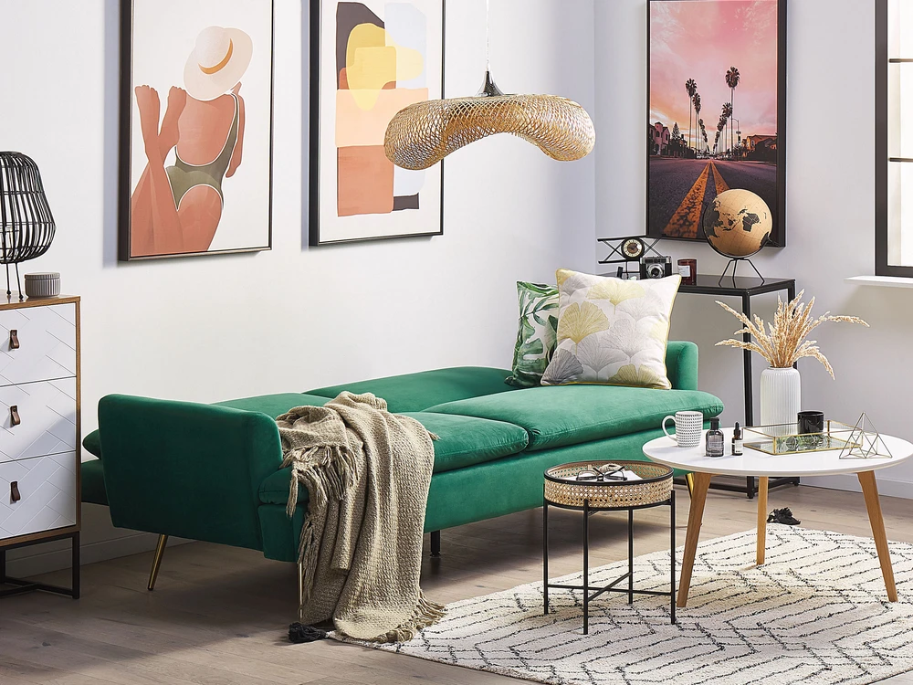 Beliani Trivietė išskleidžiama sofa VETTRE, veliūras, tamsiai žalia