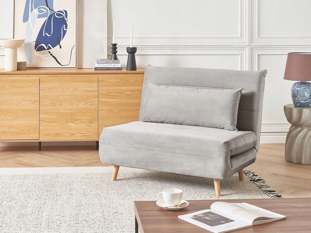 Beliani Vienvietė išskleidžiama sofa SETTEN, veliūras, šviesiai pilka
