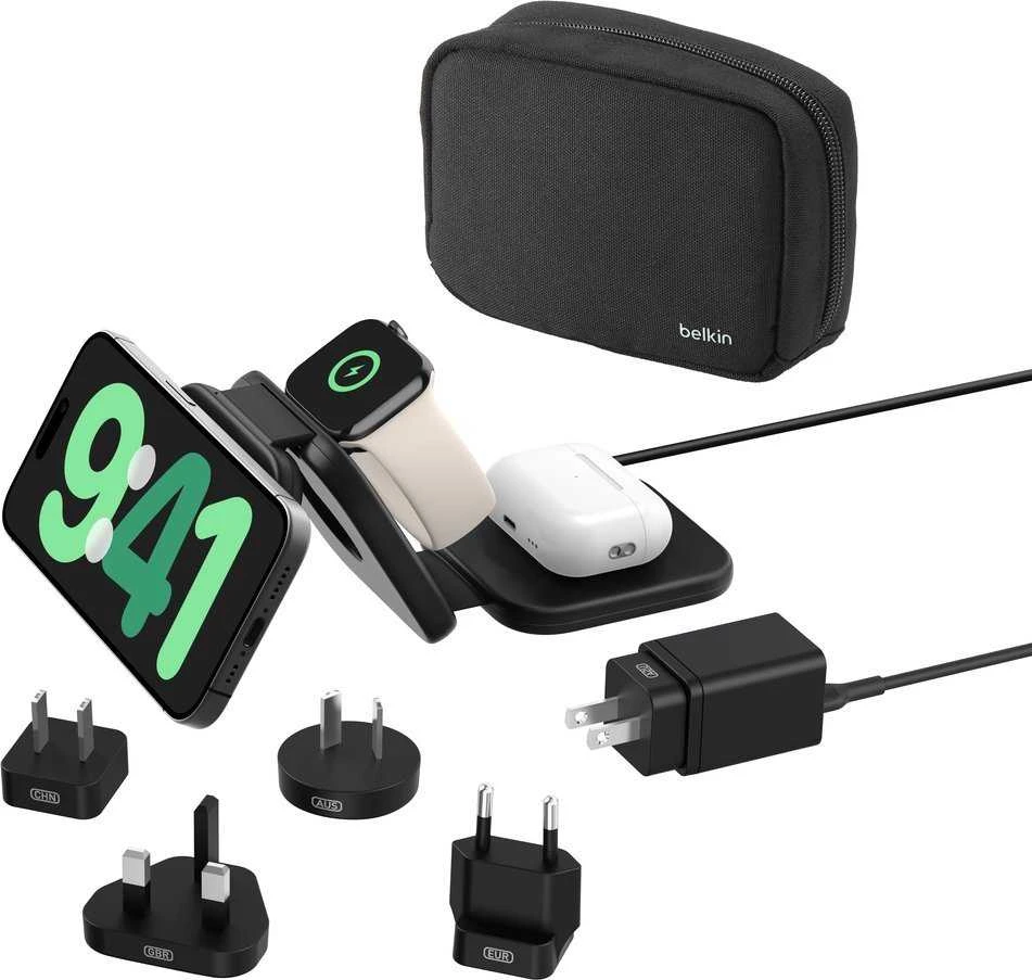 Belkin 3-in-1 įkrovimo stotelė su kelioniniais adapteriais ir dėklu