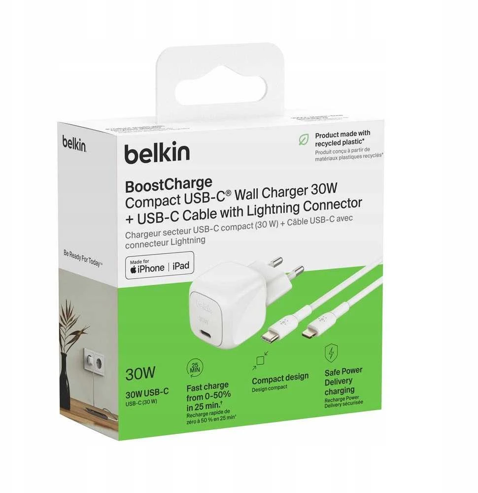 Belkin USB-C PD 30W, mažas, baltas + „Lightning“ laidas