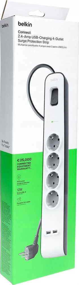 Belkin 525J, 4 Schuko lizdai, 2x USB-A, 2m