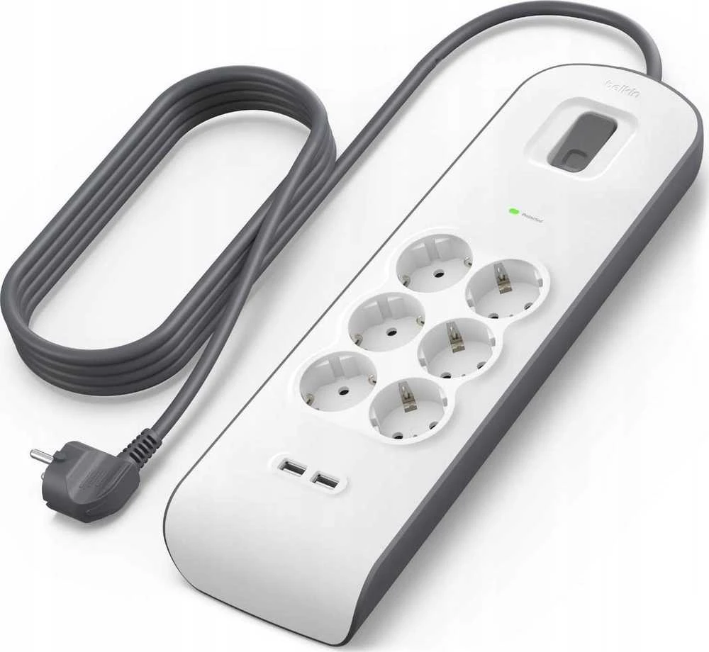 Belkin 650J, 6 Schuko lizdai, 2x USB-A, 2m
