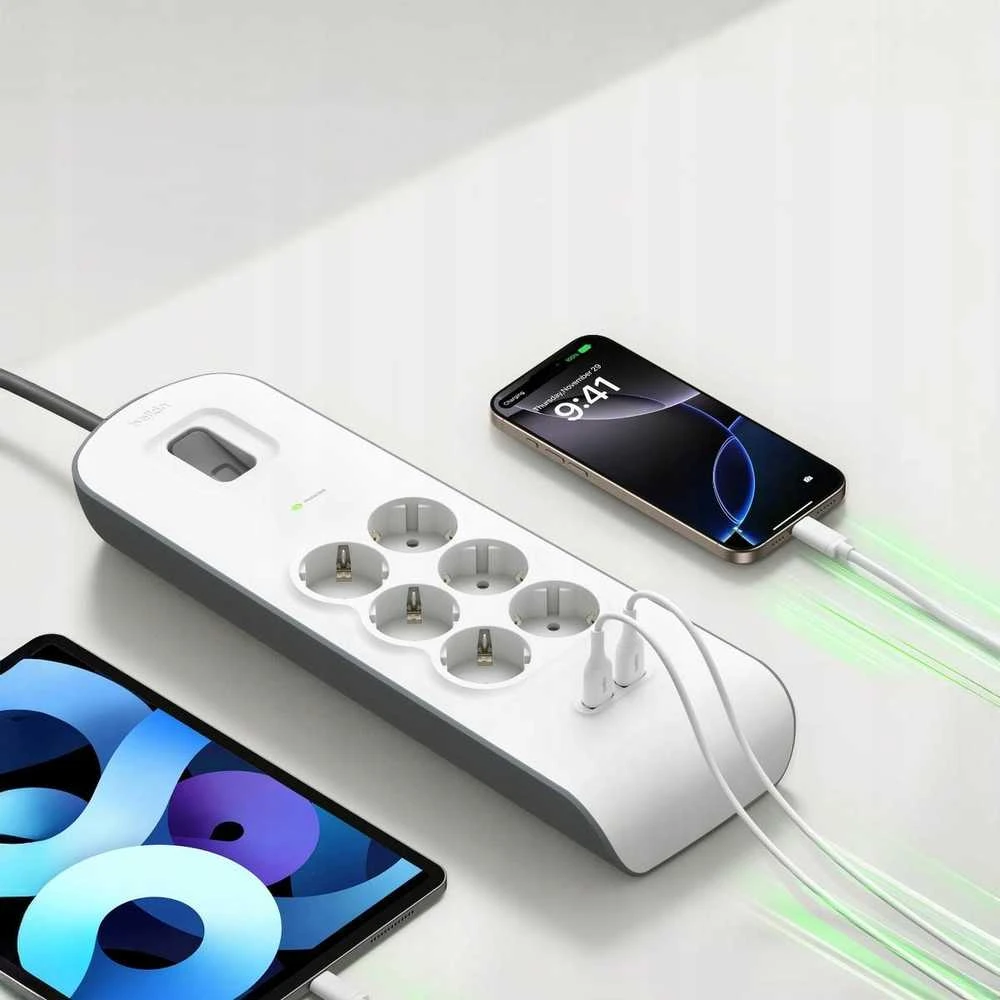 Belkin 650J, 6 Schuko lizdai, 2x USB-A, 2m