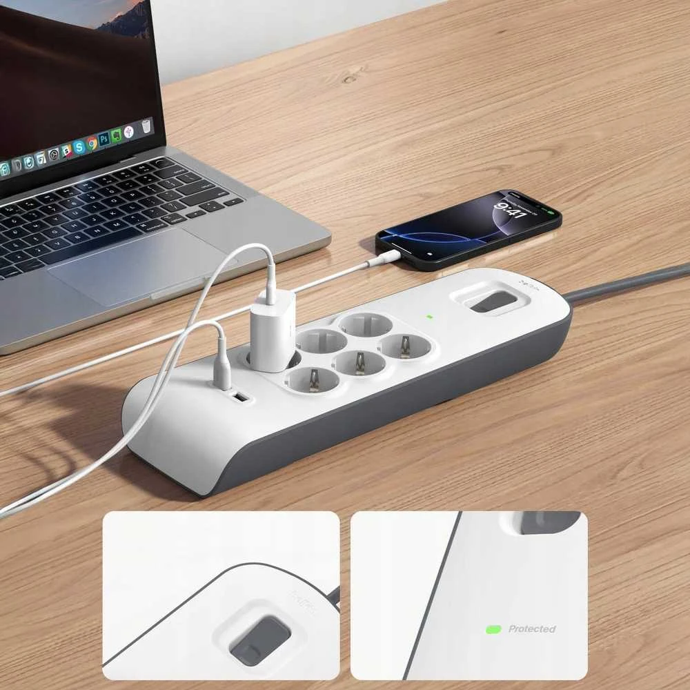 Belkin 650J, 6 Schuko lizdai, 2x USB-A, 2m
