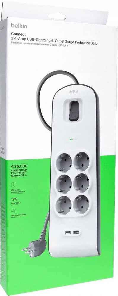 Belkin 650J, 6 Schuko lizdai, 2x USB-A, 2m
