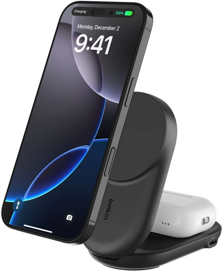 Įkroviklis Belkin Įkroviklis magnetyczna Qi2 25 W, składana 2w1, maitinimo šaltinis 45W, juoda