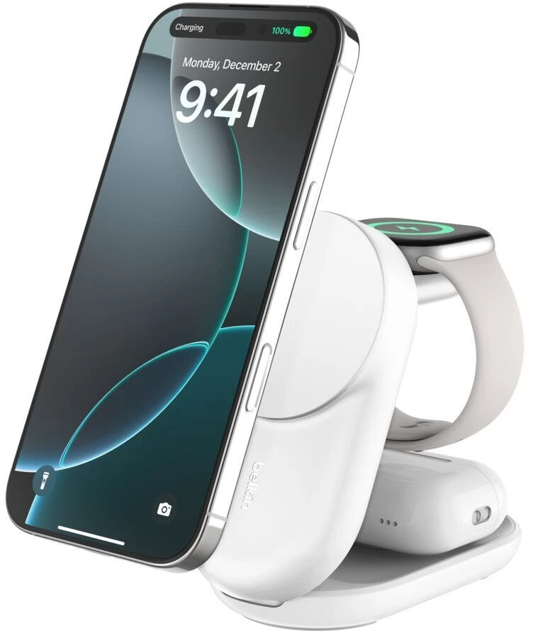 Belkin UltraCharge Qi2 belaidis įkroviklis 25 W 3v1 sulankstomas Baltas (WIZ037KQWH)